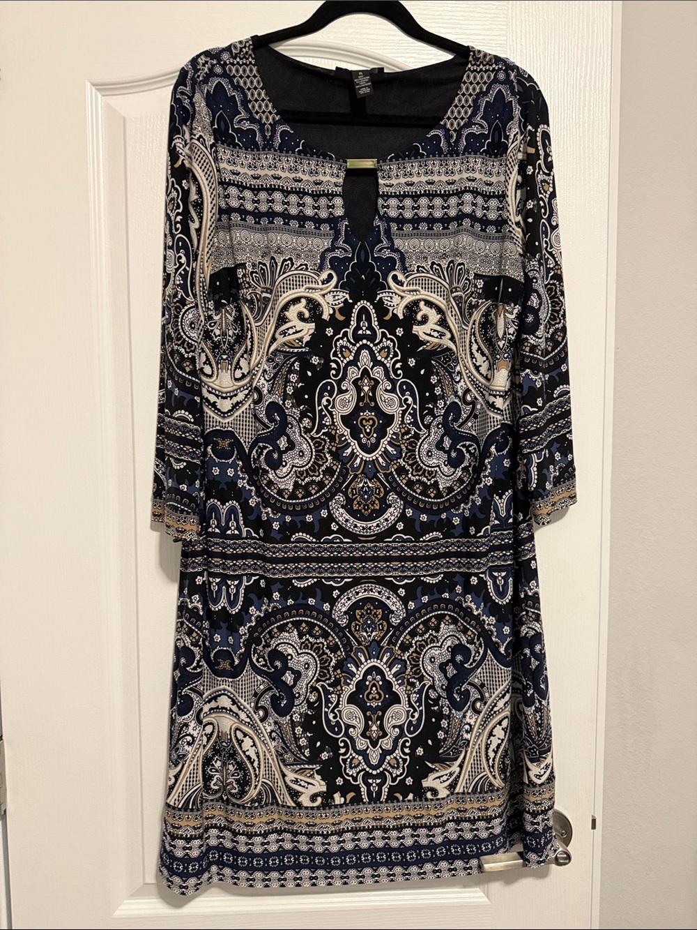 INC International Concepts Navy and Cream Paisley Three-Quarter Sleeve Dress